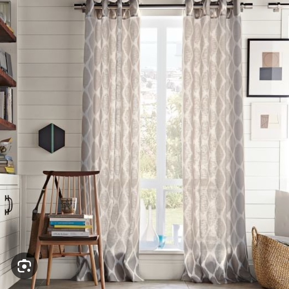 West Elm grey and white linen Ikat curtains